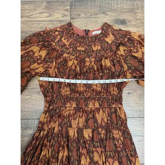 Ulla Johnson Long Sleeve Smocked Multi Brown Midi Dress Brown Rust Size 6 - Picture 10 of 11